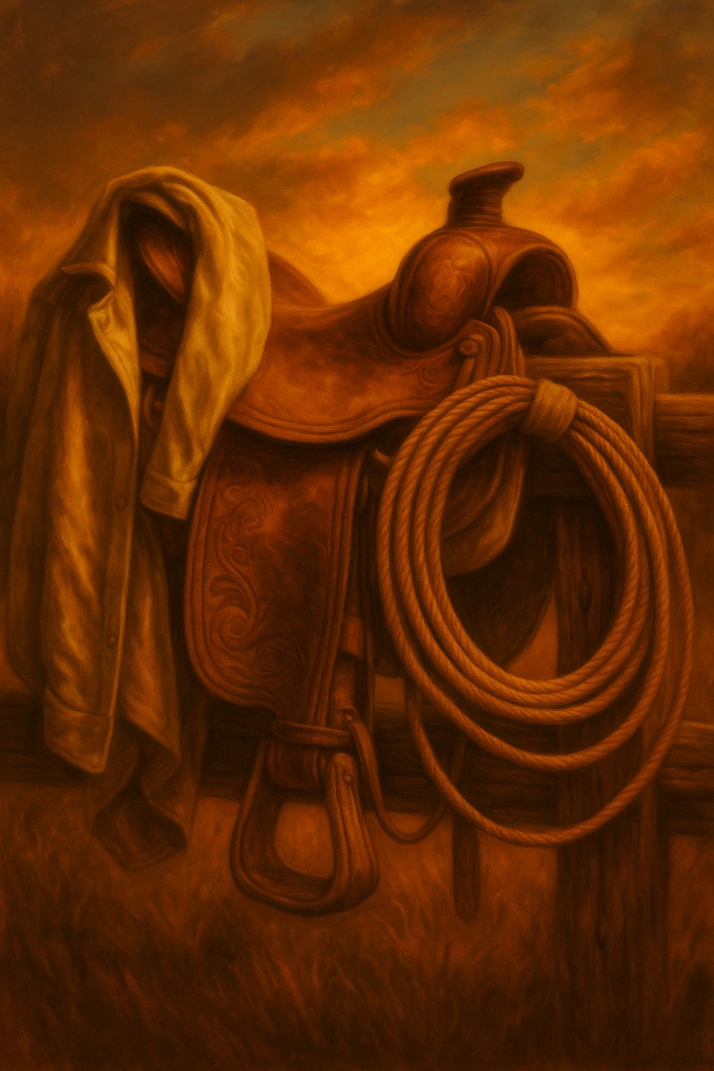 Close-up of a cowboy’s hands resting on a saddle, gripping a coiled lasso, with worn leather gloves and tack, Western ranch aesthetic.