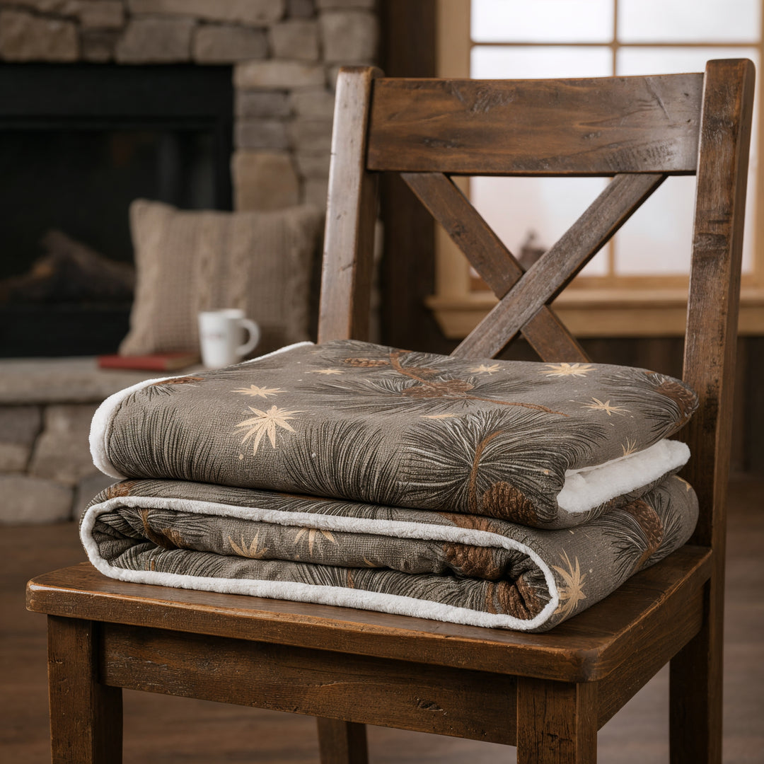 Golden Pines &amp; Stars Sherpa Blanket — Cozy Fleece Throw with Rustic Winter Pine Design - Home Decor - Texas Cowboy Creations