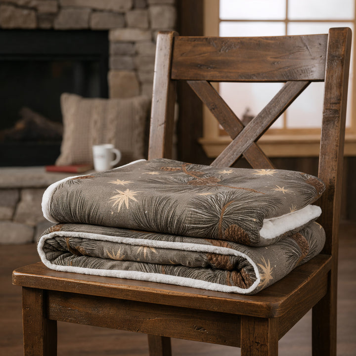 Golden Pines &amp; Stars Sherpa Blanket — Cozy Fleece Throw with Rustic Winter Pine Design - Home Decor - Texas Cowboy Creations