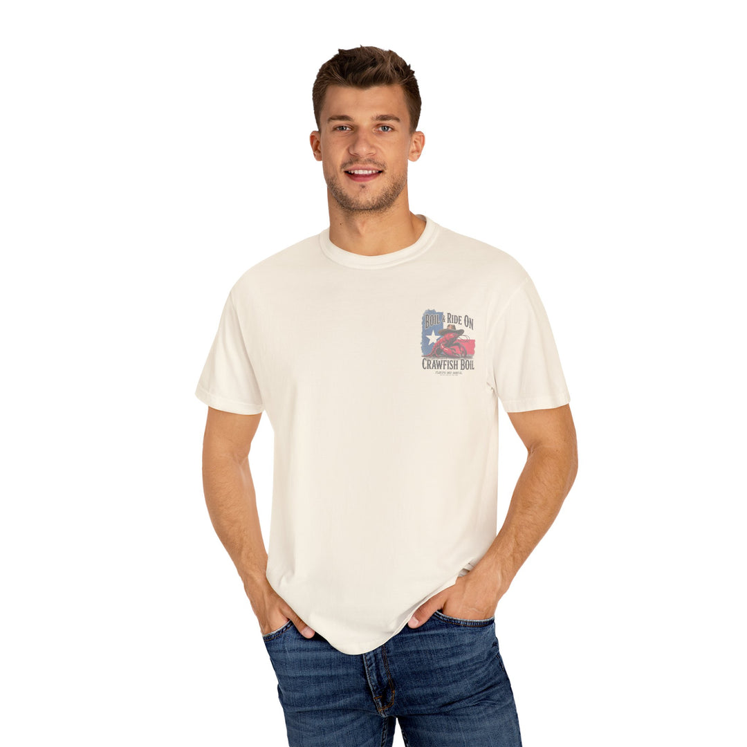 Boil & Ride On - Custom Crawfish Boil T-Shirt | Personalized Event Tee - Unisex T-Shirt - Texas Cowboy Creations