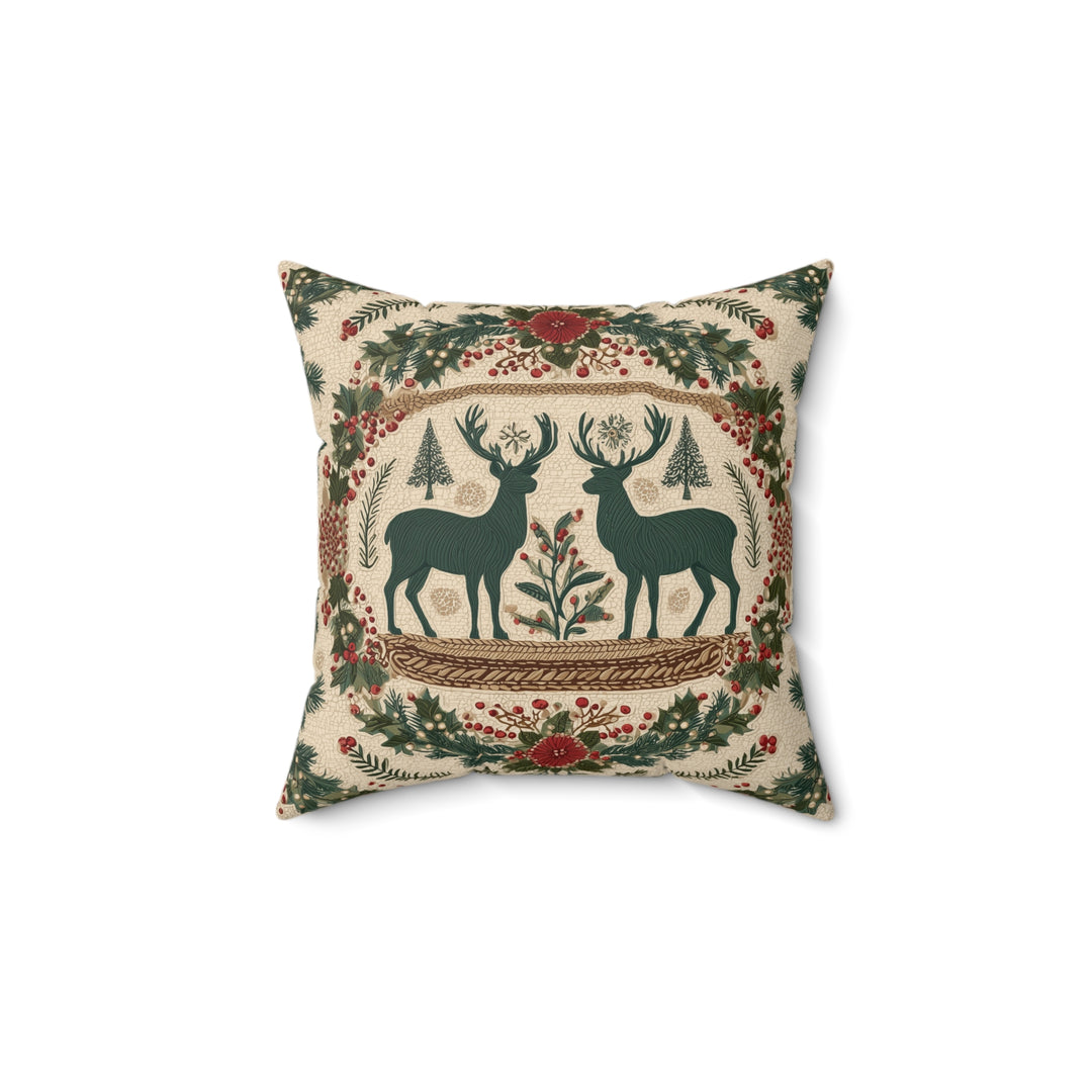 Faux Suede Pillow — Rustic Reindeer & Wreath Holiday Accent