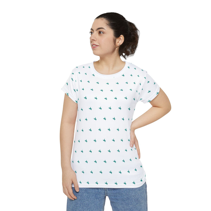 Mini Bronc Tee – Turquoise on White | Women’s All-Over Western T-Shirt