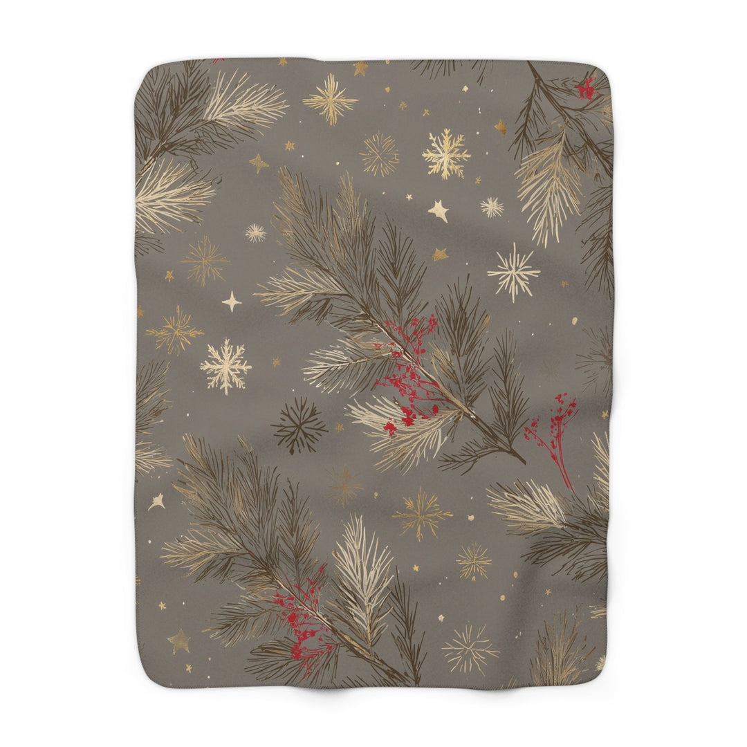 Golden Pines & Snowflakes Sherpa Fleece Blanket — Cozy Winter Throw