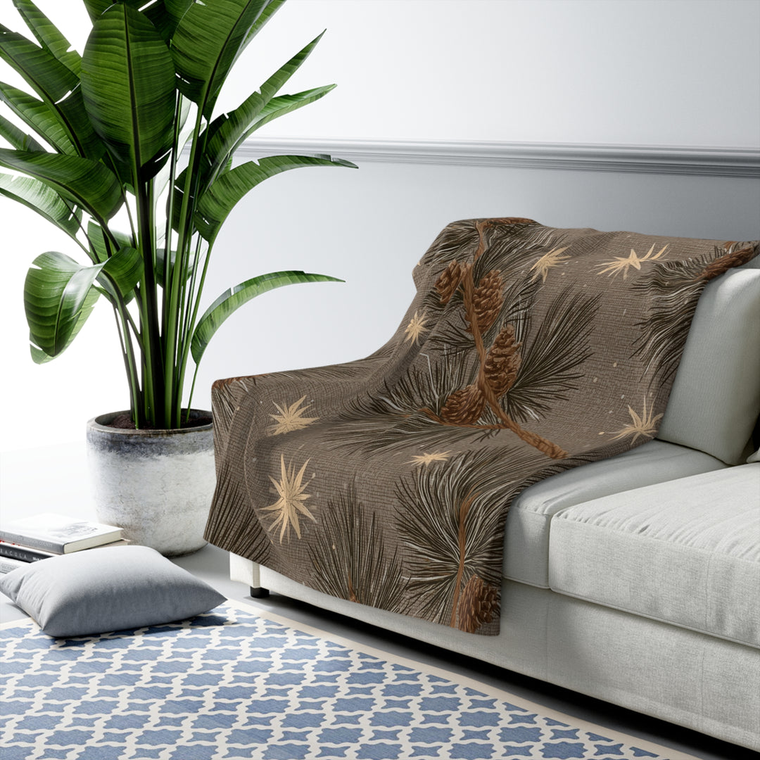 Golden Pines & Stars Sherpa Blanket — Cozy Fleece Throw with Rustic Winter Pine Design