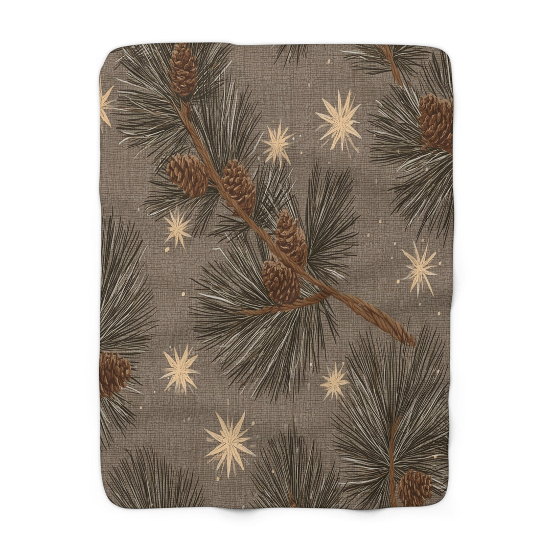 Golden Pines & Stars Sherpa Blanket — Cozy Fleece Throw with Rustic Winter Pine Design