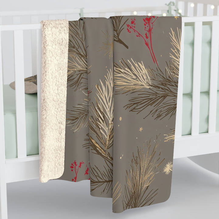 Golden Pines & Snowflakes Sherpa Fleece Blanket — Cozy Winter Throw