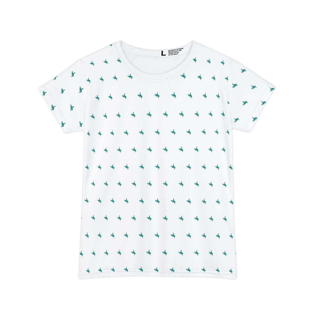 Mini Bronc Tee – Turquoise on White | Women’s All-Over Western T-Shirt