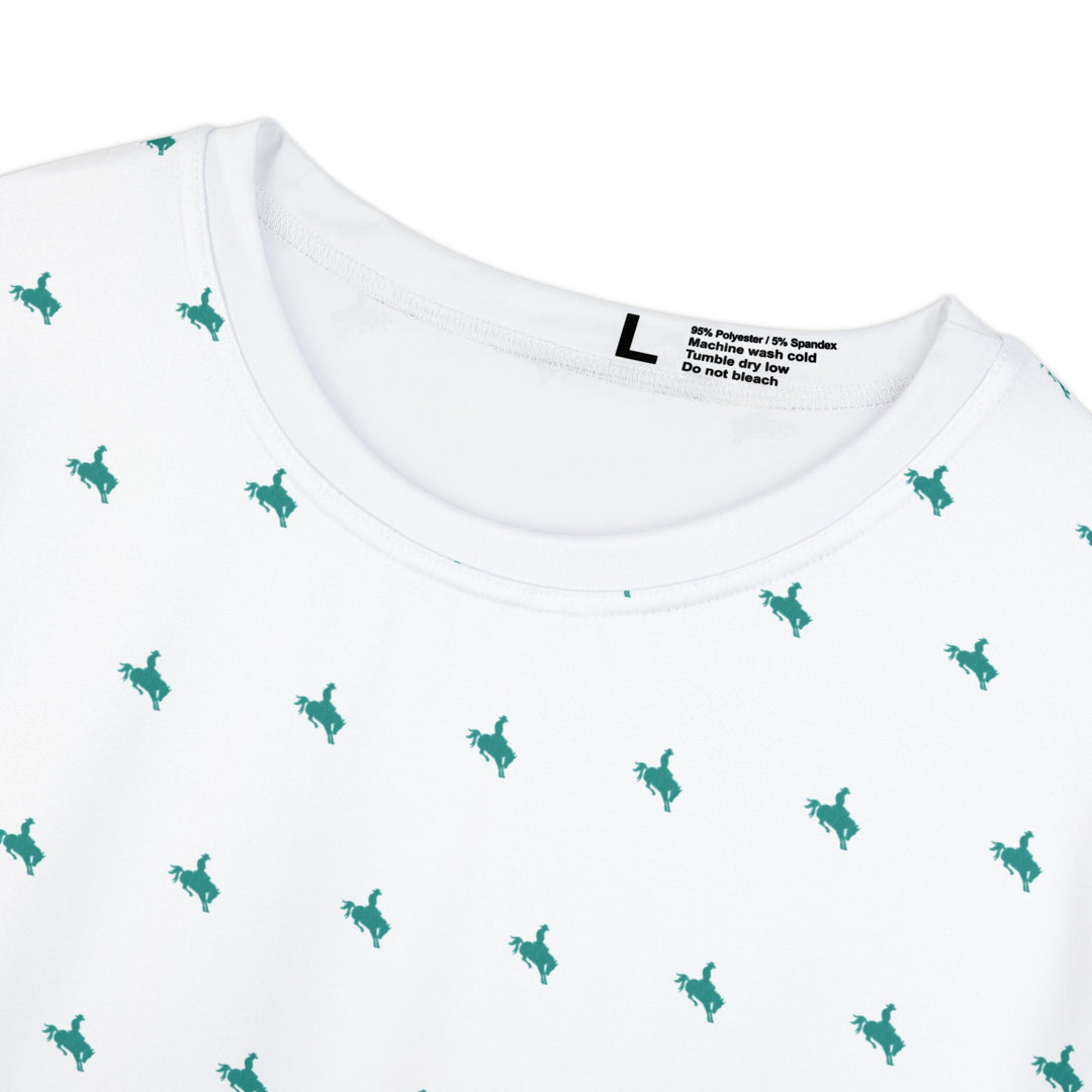 Mini Bronc Tee – Turquoise on White | Women’s All-Over Western T-Shirt