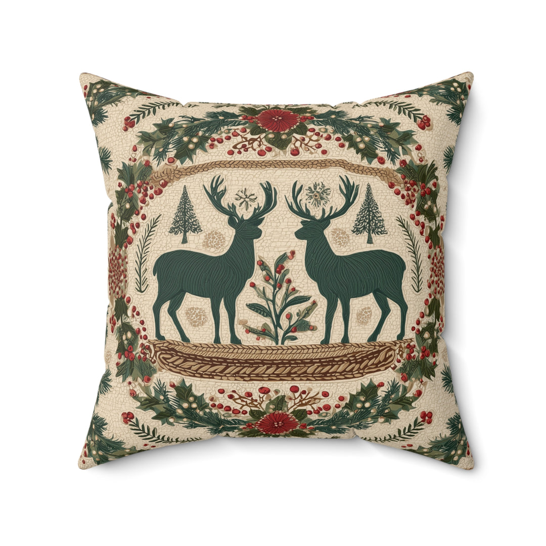 Faux Suede Pillow — Rustic Reindeer & Wreath Holiday Accent