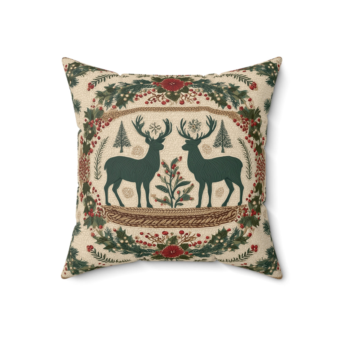 Faux Suede Pillow — Rustic Reindeer & Wreath Holiday Accent