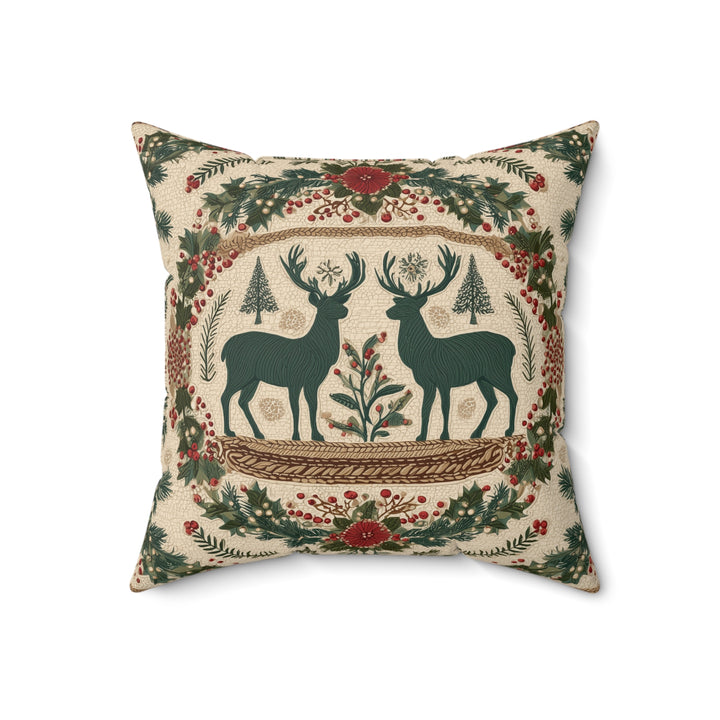 Faux Suede Pillow — Rustic Reindeer & Wreath Holiday Accent