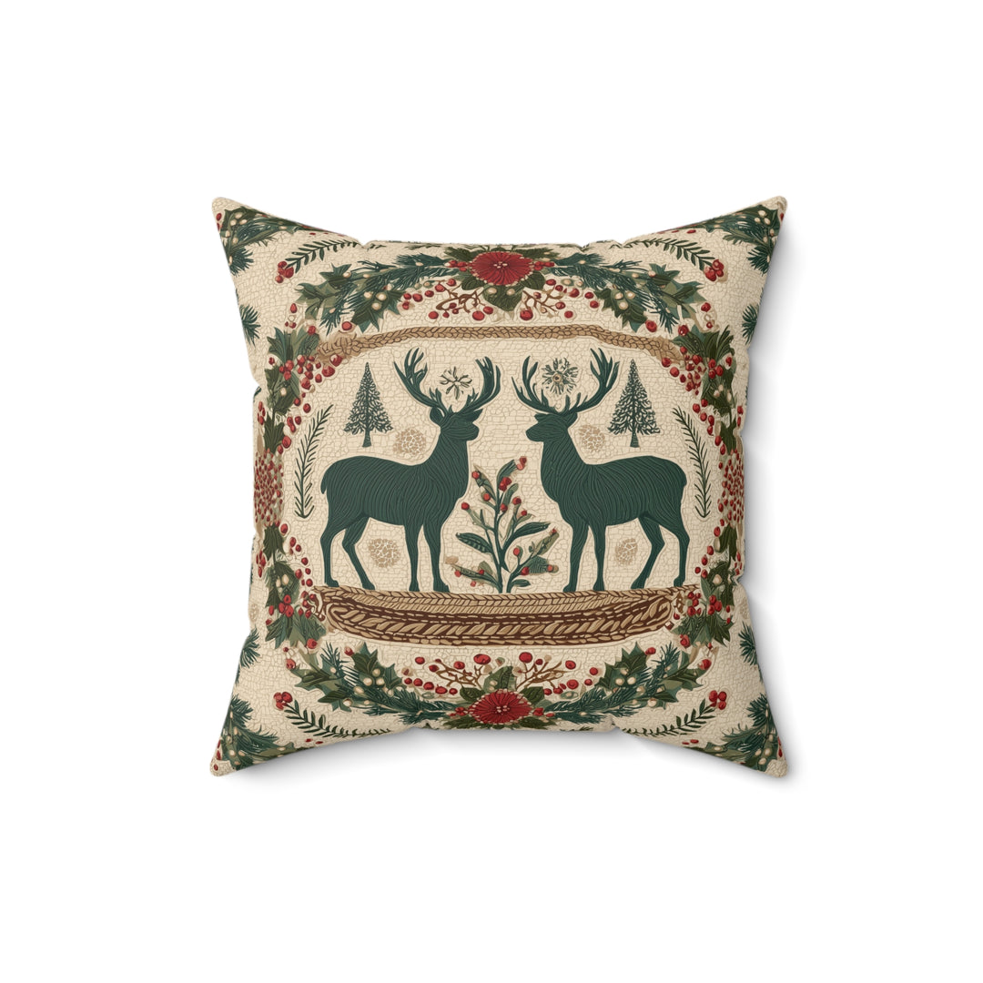 Faux Suede Pillow — Rustic Reindeer & Wreath Holiday Accent
