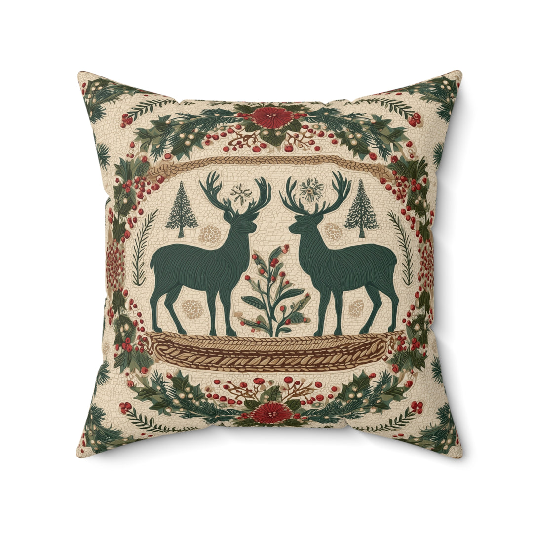 Faux Suede Pillow — Rustic Reindeer & Wreath Holiday Accent
