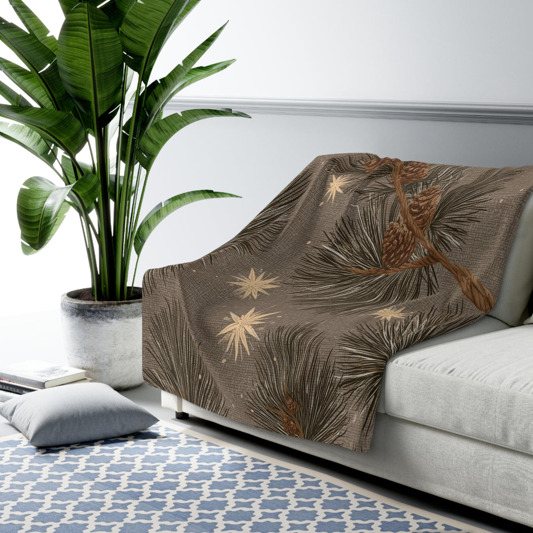 Golden Pines & Stars Sherpa Blanket — Cozy Fleece Throw with Rustic Winter Pine Design