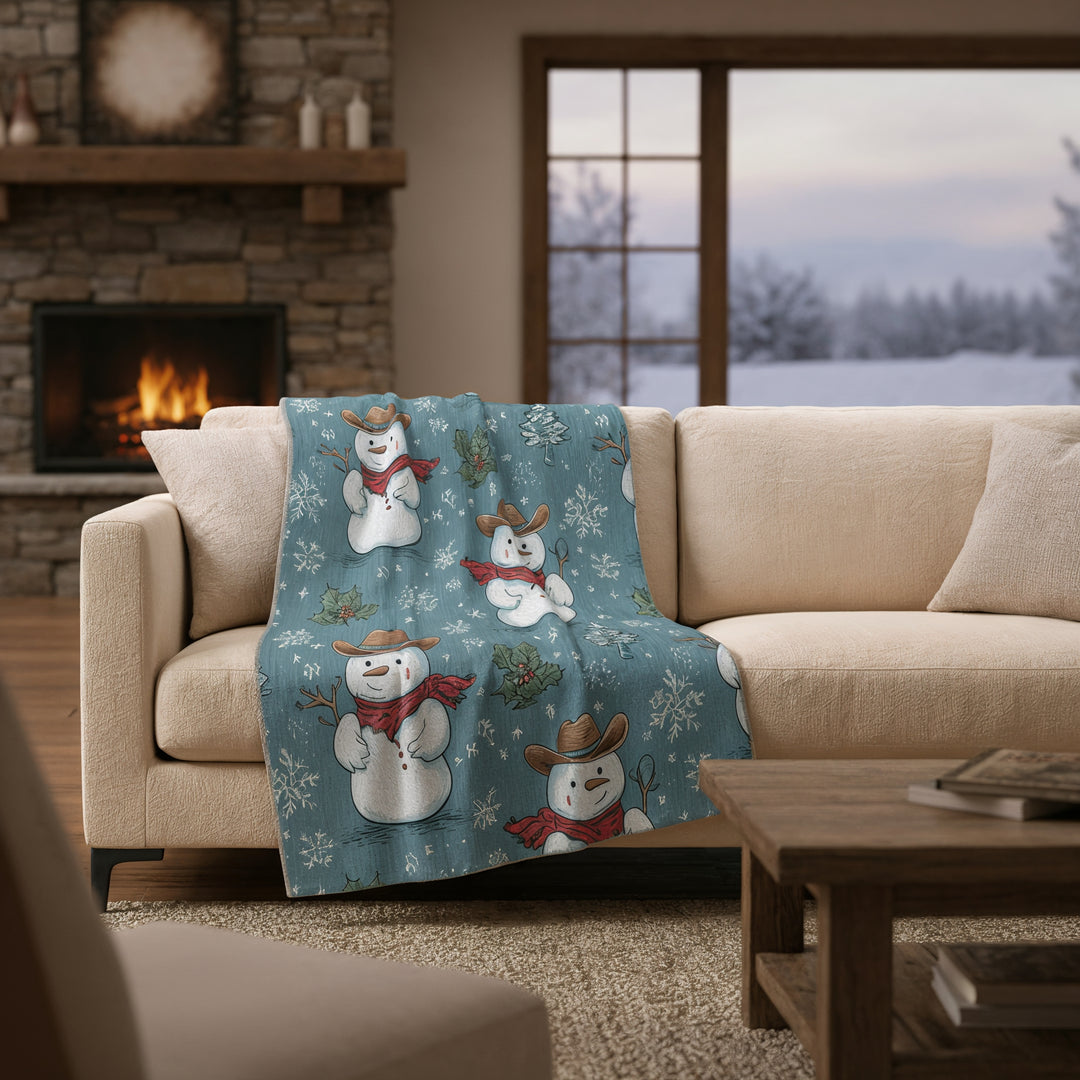 Cowboy Snowman Sherpa Fleece — Cozy Western Christmas Throw - Home Decor - Texas Cowboy Creations