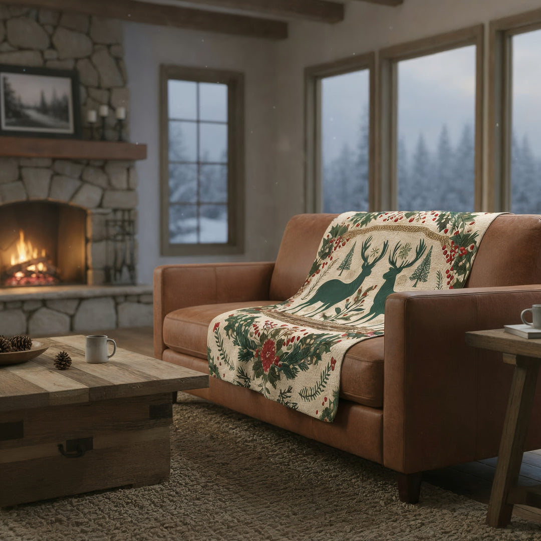 Sherpa Blanket — Rustic Reindeer &amp; Wreath Holiday Throw - Home Decor - Texas Cowboy Creations