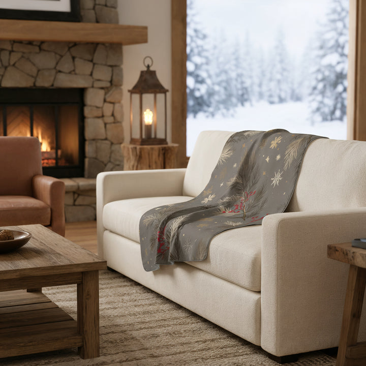 Golden Pines &amp; Snowflakes Sherpa Fleece Blanket — Cozy Winter Throw - Home Decor - Texas Cowboy Creations