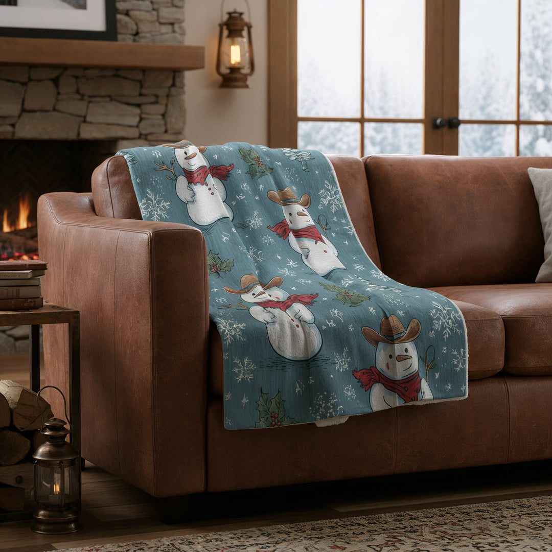 Cowboy Snowman Sherpa Fleece — Cozy Western Christmas Throw - Home Decor - Texas Cowboy Creations