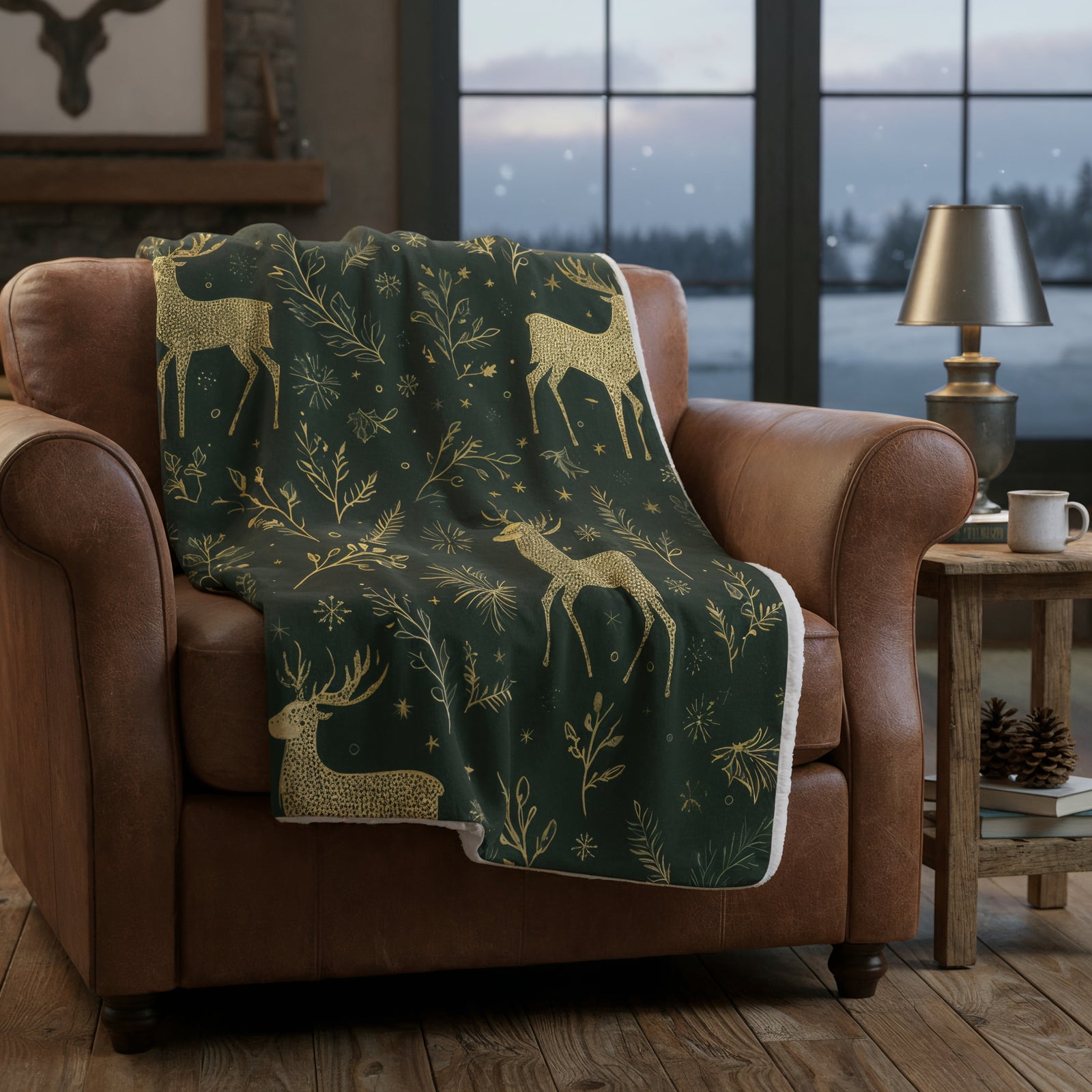 Golden Reindeer Woodland Sherpa Blanket - Home Decor - Texas Cowboy Creations