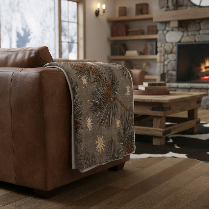 Golden Pines &amp; Stars Sherpa Blanket — Cozy Fleece Throw with Rustic Winter Pine Design - Home Decor - Texas Cowboy Creations