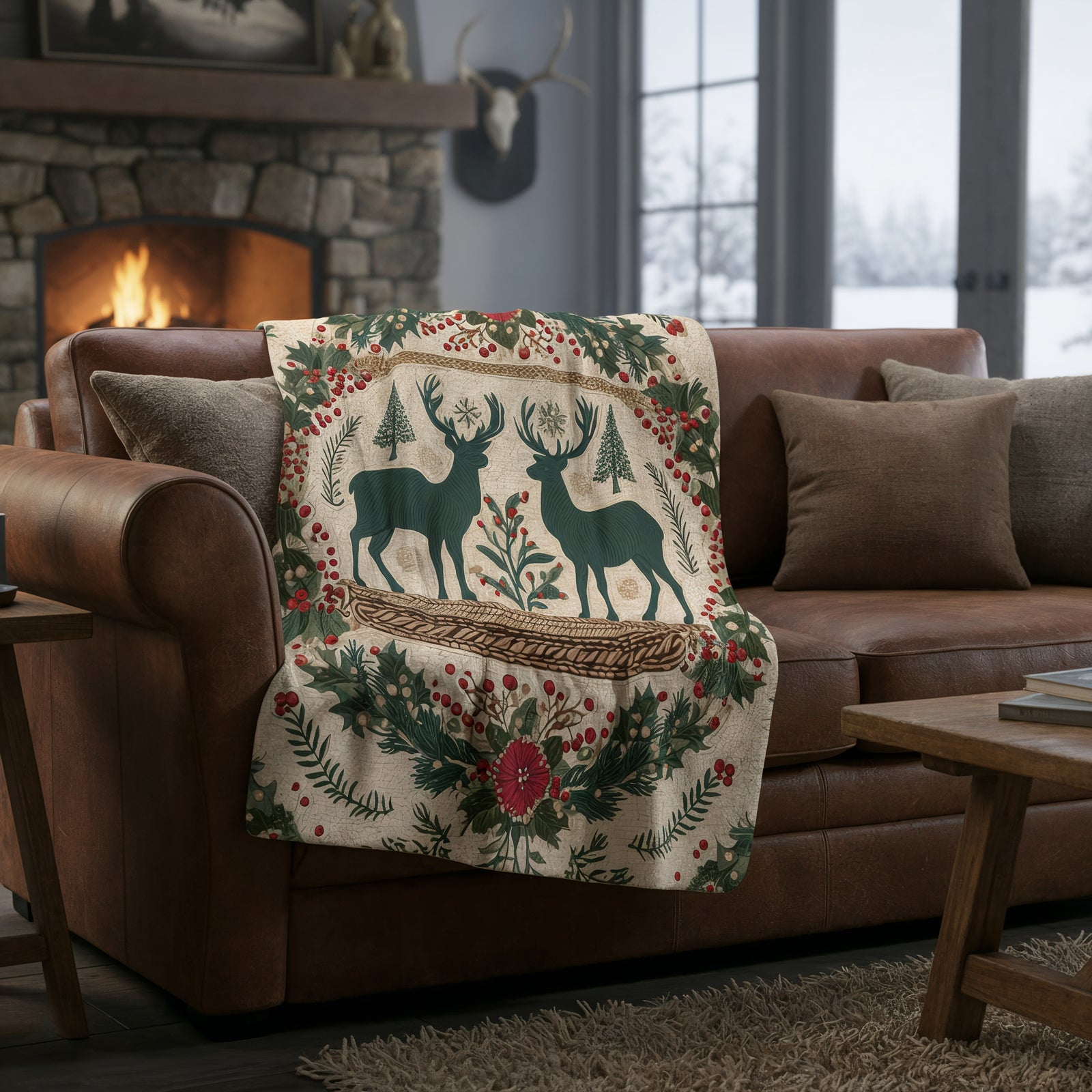 Sherpa Blanket — Rustic Reindeer & Wreath Holiday Throw - Home Decor - Texas Cowboy Creations