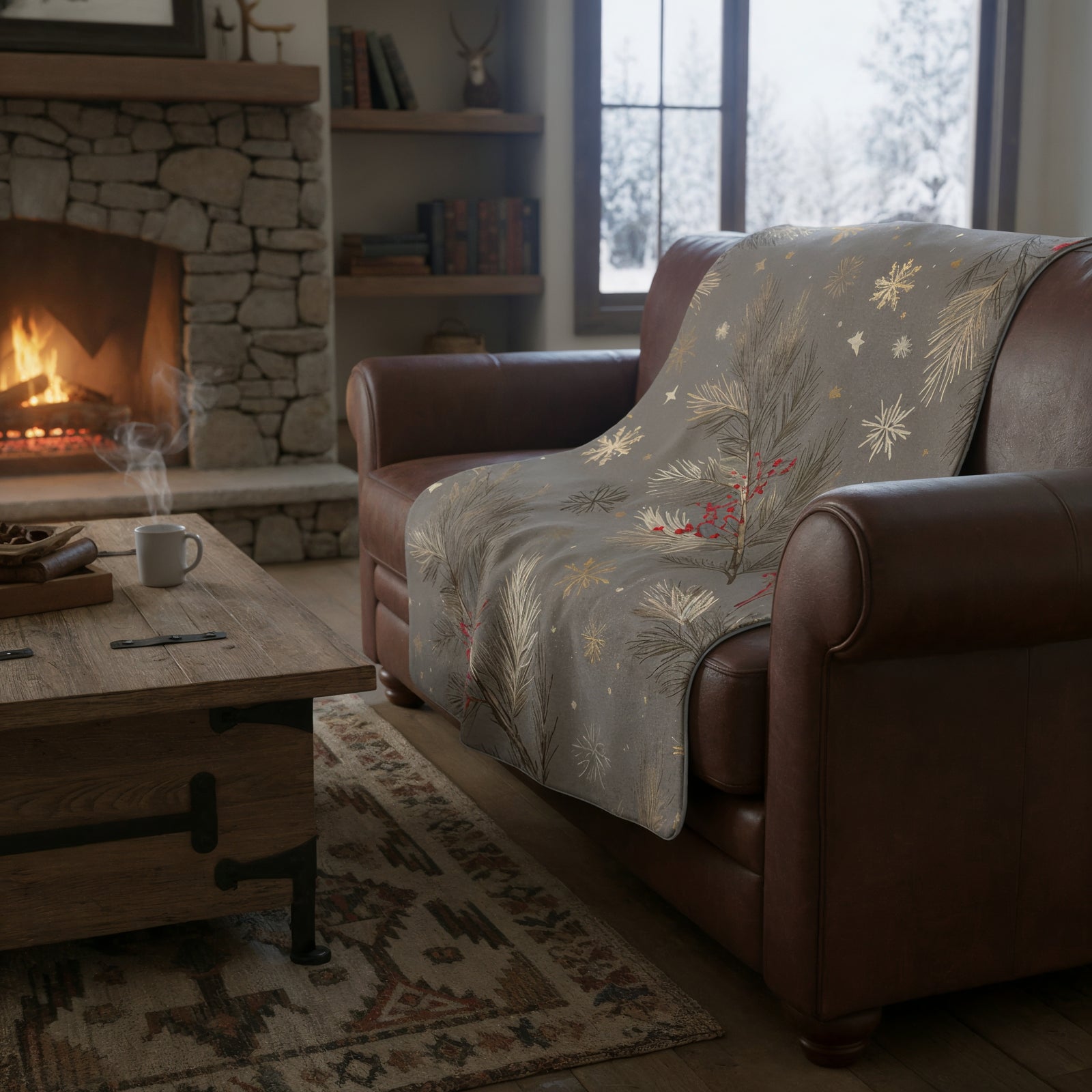 Golden Pines & Snowflakes Sherpa Fleece Blanket — Cozy Winter Throw - Home Decor - Texas Cowboy Creations