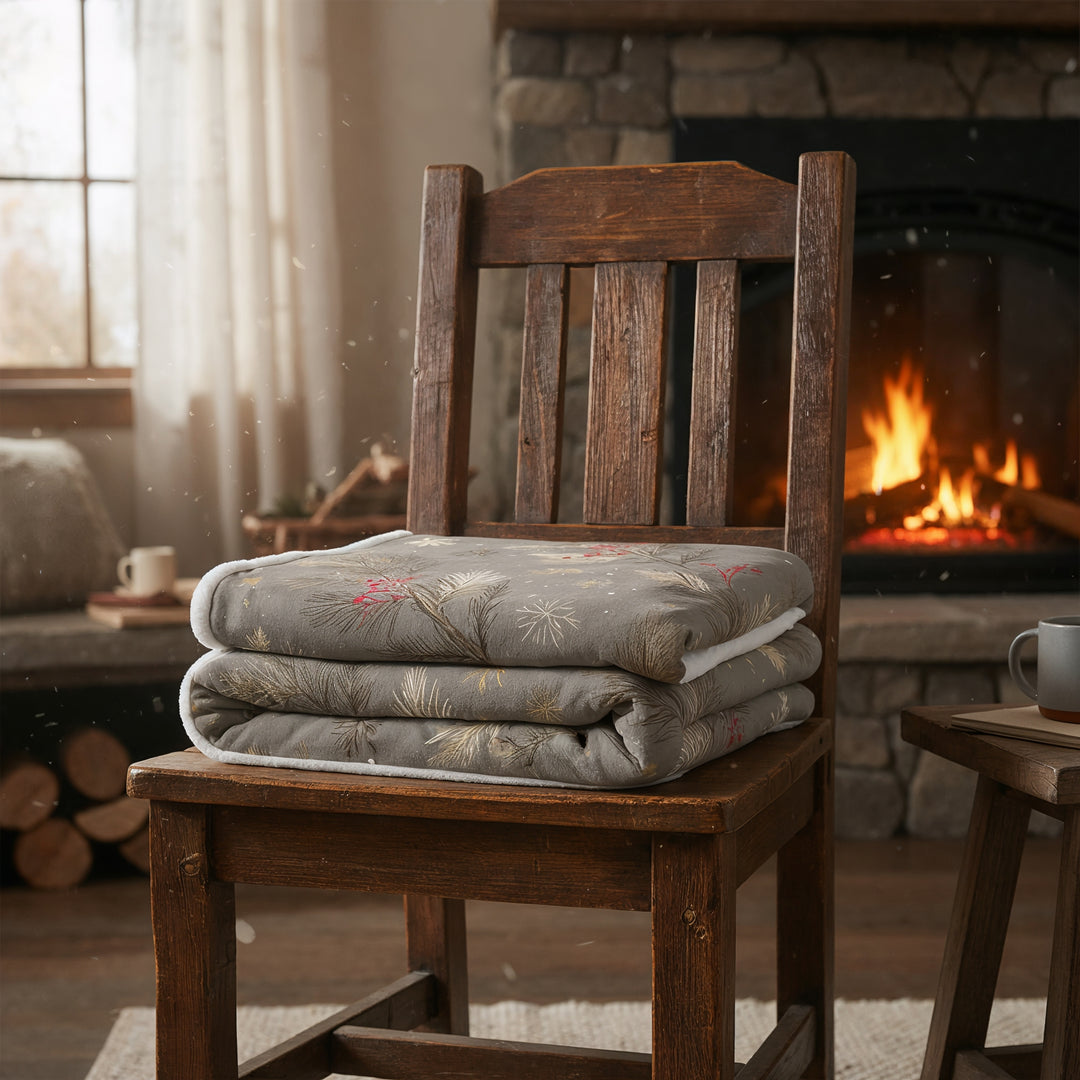 Golden Pines &amp; Snowflakes Sherpa Fleece Blanket — Cozy Winter Throw - Home Decor - Texas Cowboy Creations