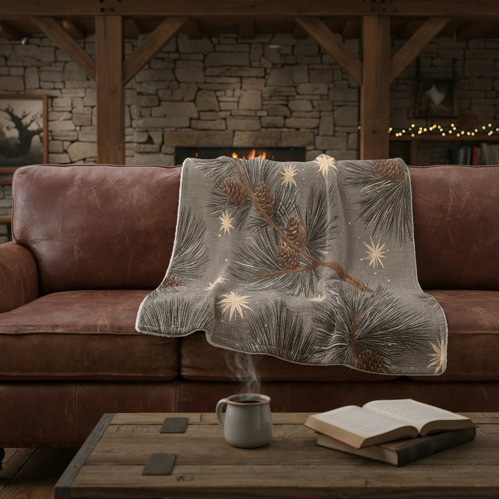 Golden Pines & Stars Sherpa Blanket — Cozy Fleece Throw with Rustic Winter Pine Design - Home Decor - Texas Cowboy Creations