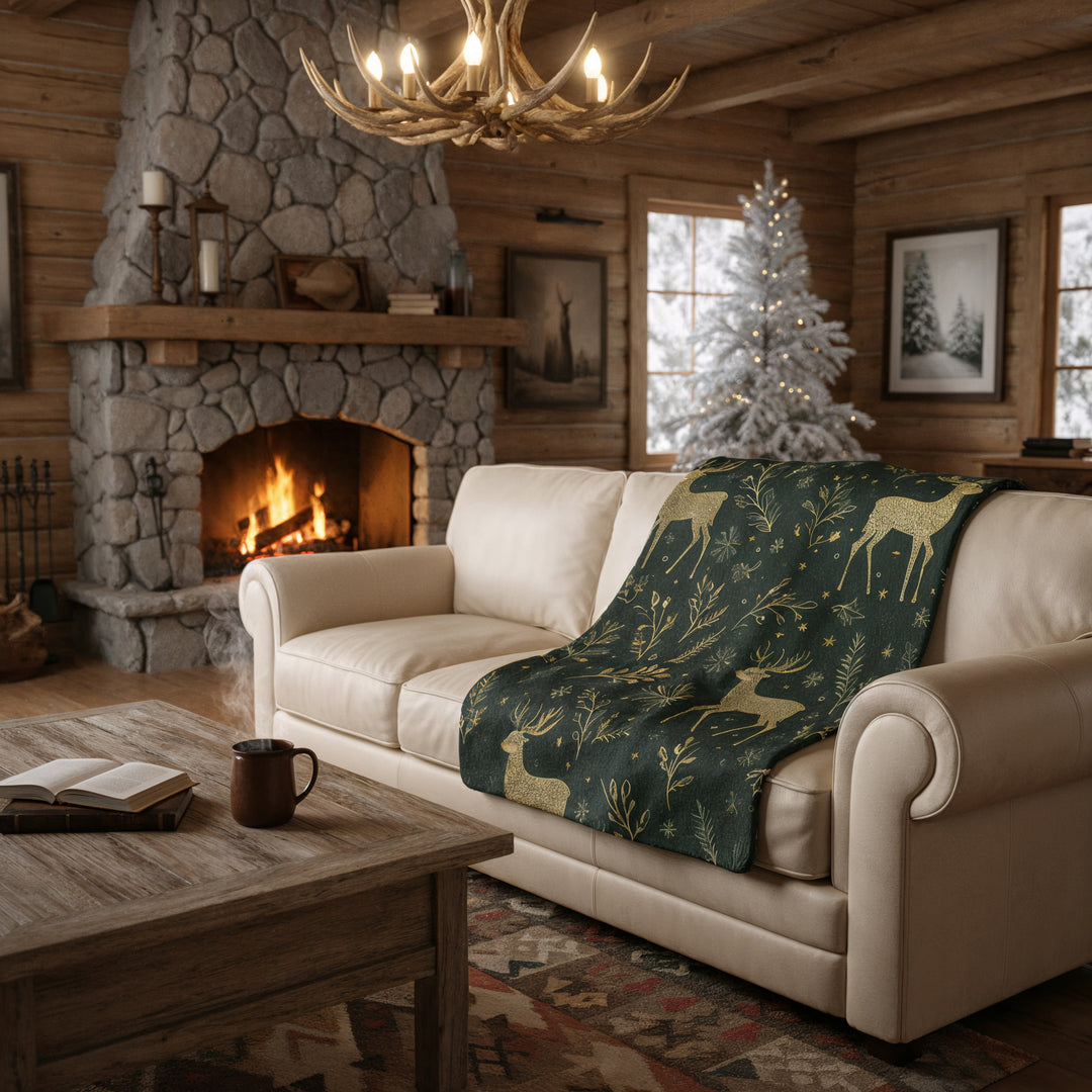 Golden Reindeer Woodland Sherpa Blanket - Home Decor - Texas Cowboy Creations