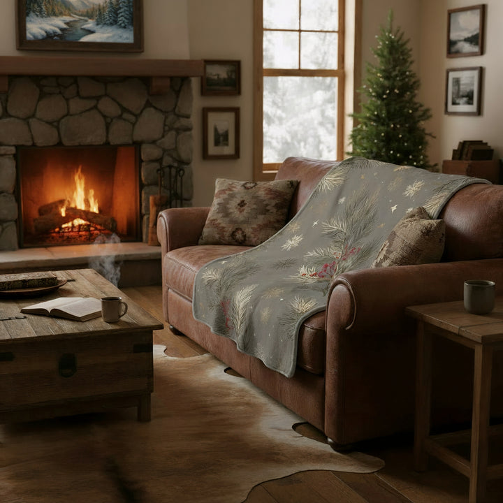 Golden Pines &amp; Snowflakes Sherpa Fleece Blanket — Cozy Winter Throw - Home Decor - Texas Cowboy Creations
