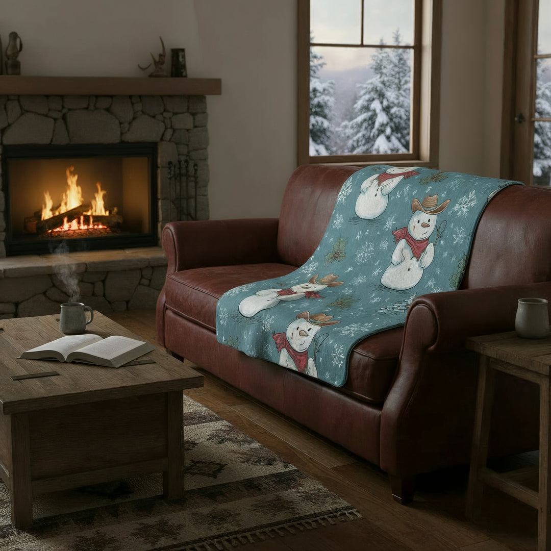 Cowboy Snowman Sherpa Fleece — Cozy Western Christmas Throw - Home Decor - Texas Cowboy Creations