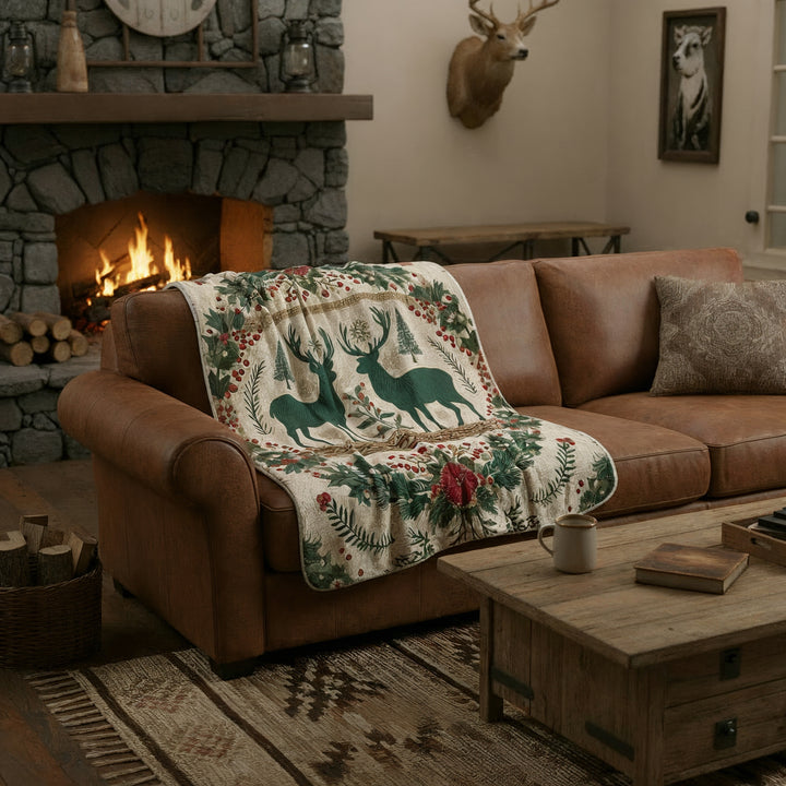 Sherpa Blanket — Rustic Reindeer &amp; Wreath Holiday Throw - Home Decor - Texas Cowboy Creations