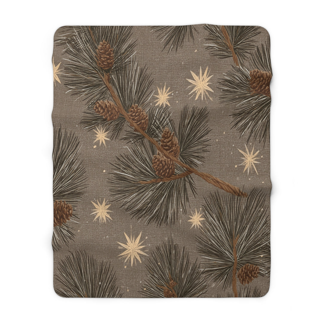Golden Pines & Stars Sherpa Blanket — Cozy Fleece Throw with Rustic Winter Pine Design