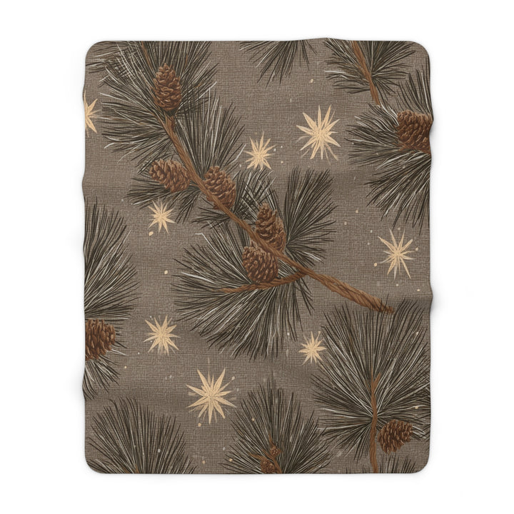 Golden Pines & Stars Sherpa Blanket — Cozy Fleece Throw with Rustic Winter Pine Design