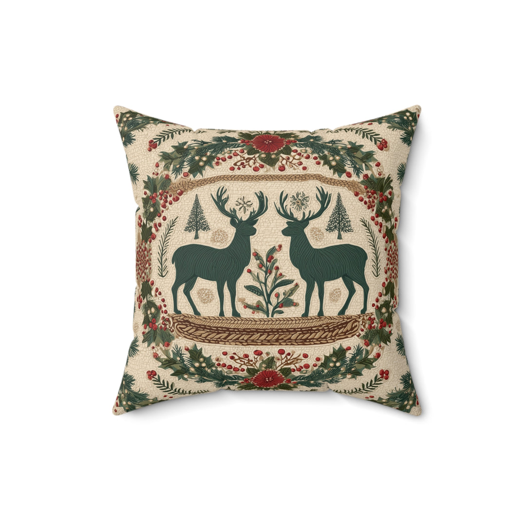 Faux Suede Pillow — Rustic Reindeer & Wreath Holiday Accent