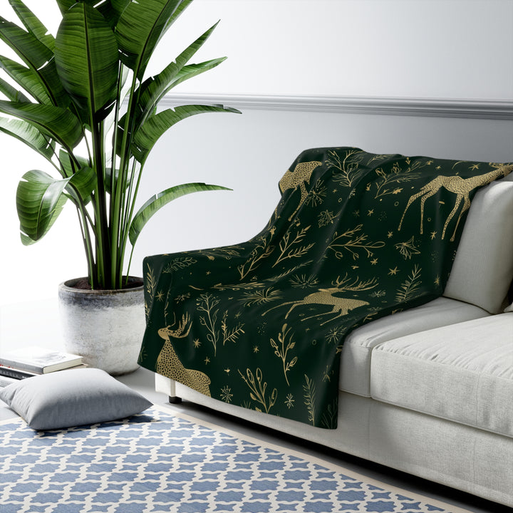 Golden Reindeer Woodland Sherpa Blanket