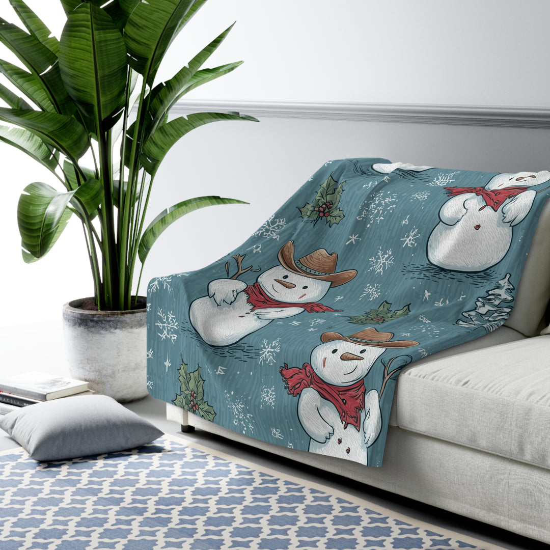 Cowboy Snowman Sherpa Fleece — Cozy Western Christmas Throw