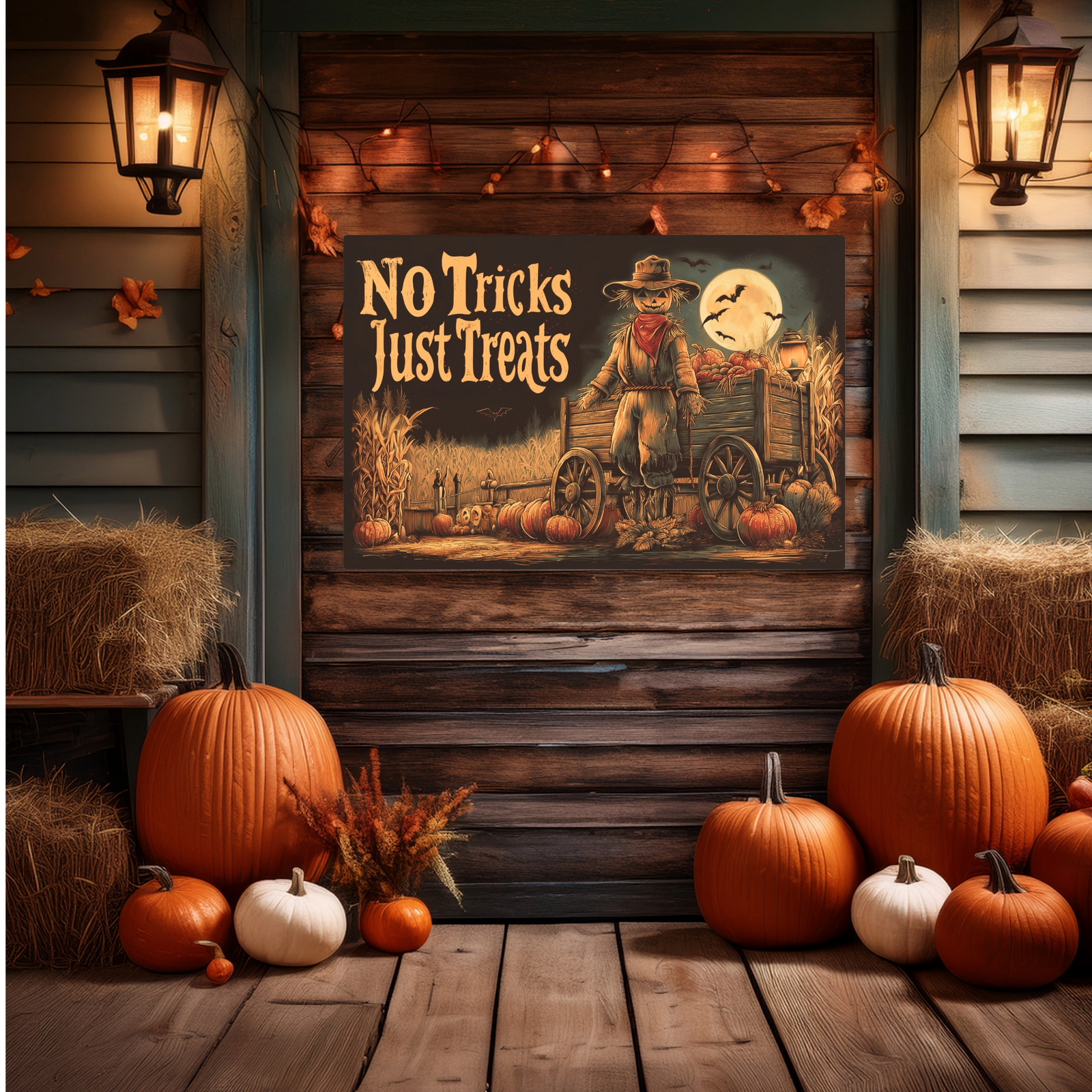 No Tricks Just Treats – Scarecrow Wagon Sign - Texas Cowboy Creations
