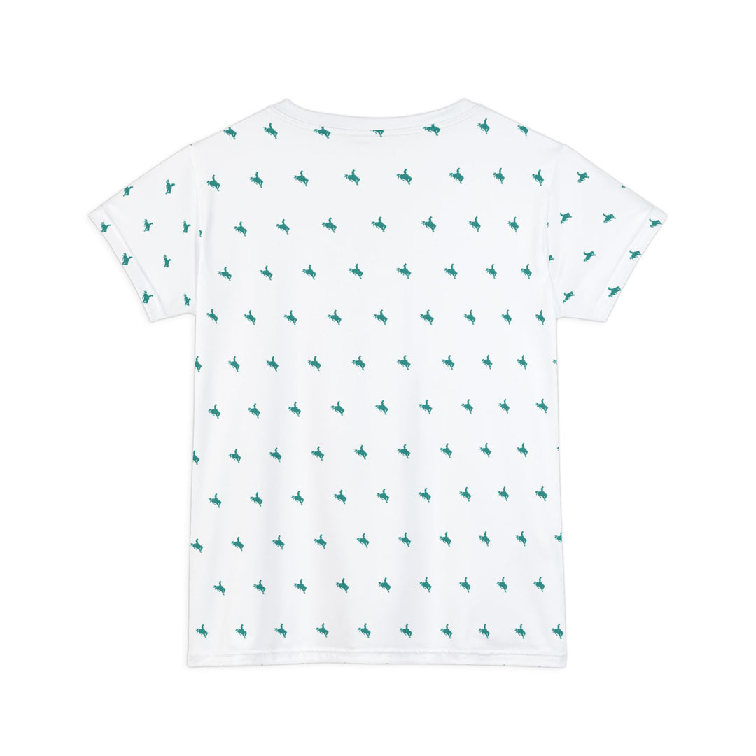 Mini Bronc Tee – Turquoise on White | Women’s All-Over Western T-Shirt