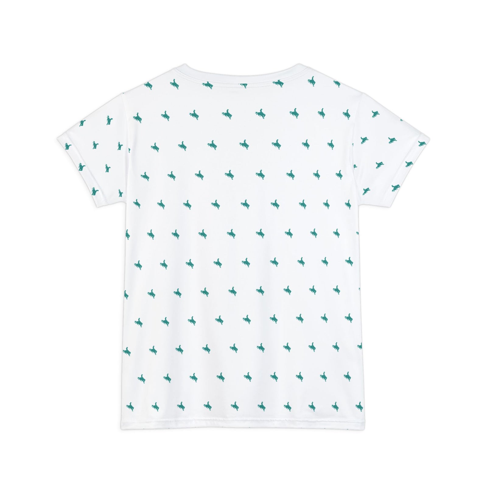 Mini Bronc Tee – Turquoise on White | Women’s All-Over Western T-Shirt